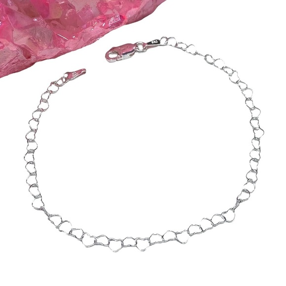 Jewelry - 7” Heart Chain Link Bracelet Solid 925 Sterling Silver Dainty Gift Hearts